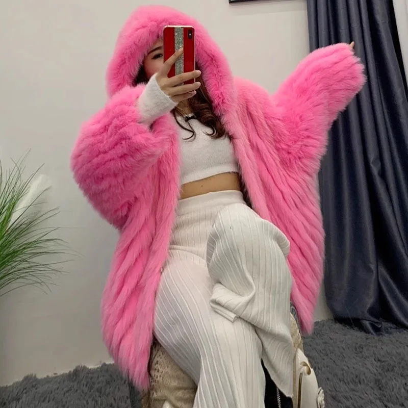 KUCLUT 2025 Winter New Fashion Faux Fox Fur Knitted Coat With Hood For Women High Quality Solid Color Jacket Female 1A1189