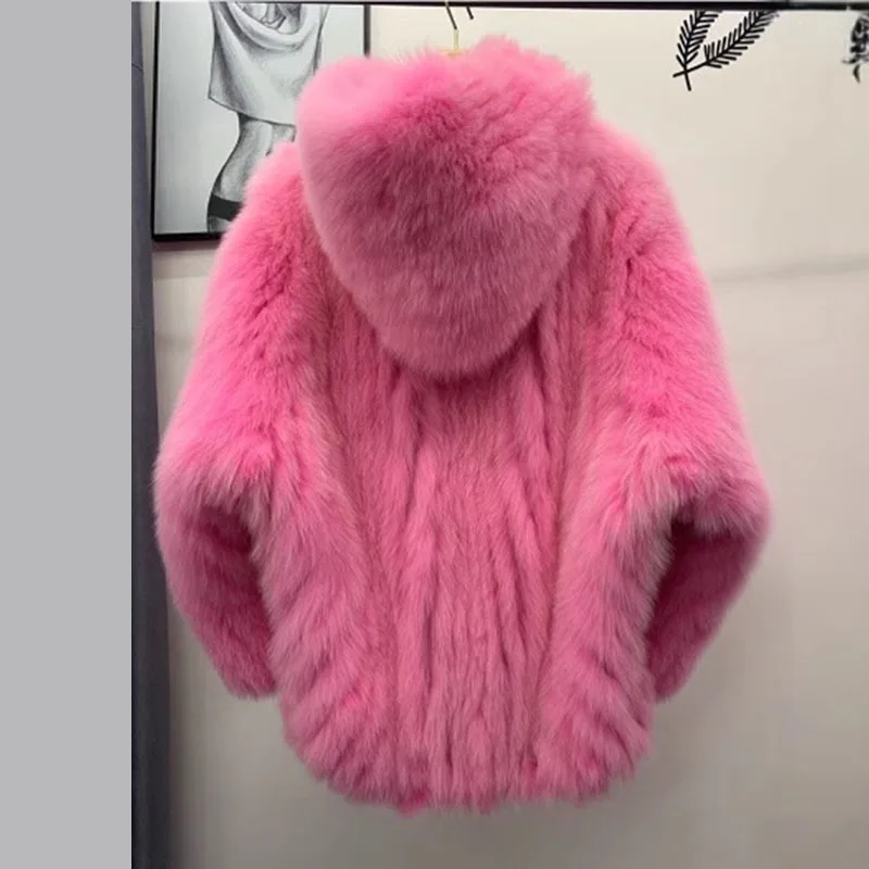 KUCLUT 2025 Winter New Fashion Faux Fox Fur Knitted Coat With Hood For Women High Quality Solid Color Jacket Female 1A1189