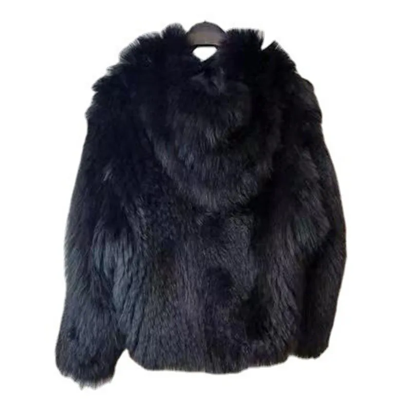KUCLUT 2025 Winter New Fashion Faux Fox Fur Knitted Coat With Hood For Women High Quality Solid Color Jacket Female 1A1189