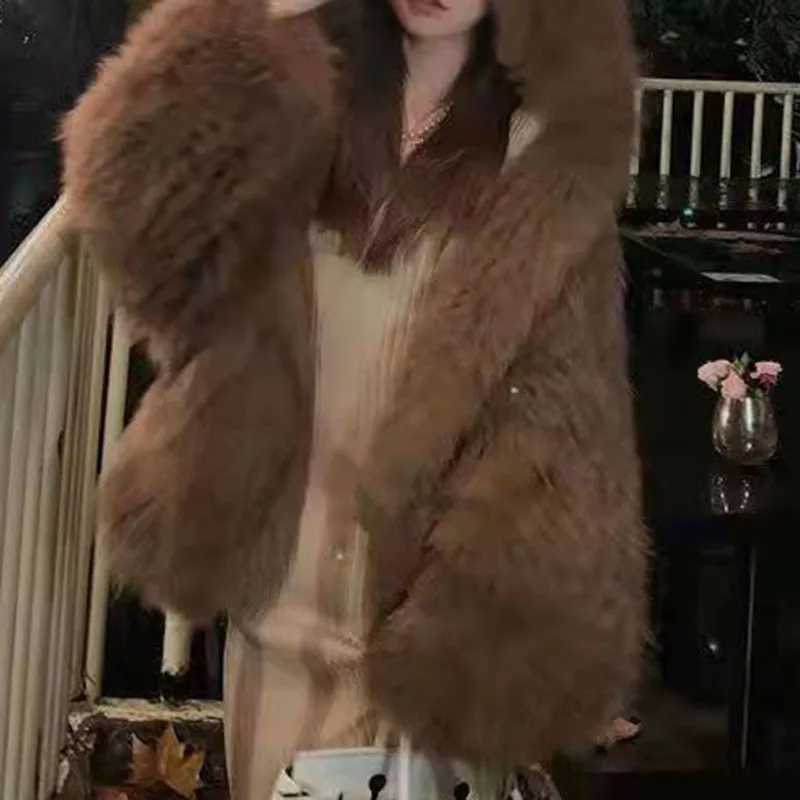 KUCLUT 2025 Winter New Fashion Faux Fox Fur Knitted Coat With Hood For Women High Quality Solid Color Jacket Female 1A1189