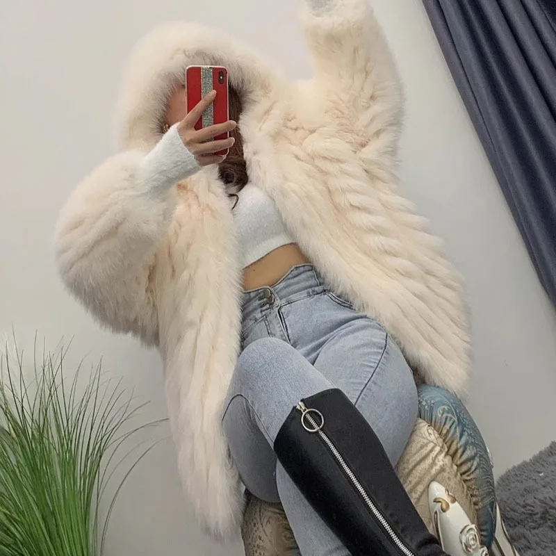 KUCLUT 2025 Winter New Fashion Faux Fox Fur Knitted Coat With Hood For Women High Quality Solid Color Jacket Female 1A1189