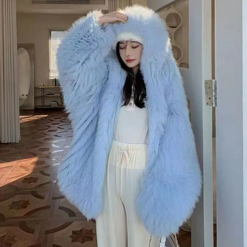 KUCLUT 2025 Winter New Fashion Faux Fox Fur Knitted Coat With Hood For Women High Quality Solid Color Jacket Female 1A1189