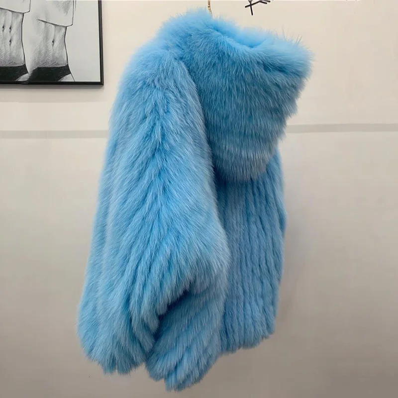 KUCLUT 2025 Winter New Fashion Faux Fox Fur Knitted Coat With Hood For Women High Quality Solid Color Jacket Female 1A1189