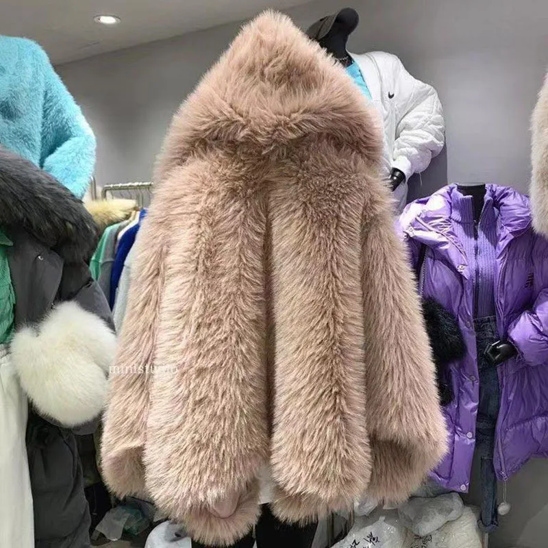 KUCLUT 2025 Winter New Fashion Faux Fox Fur Knitted Coat With Hood For Women High Quality Solid Color Jacket Female 1A1189