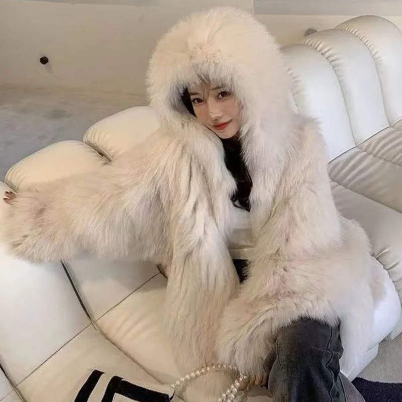 KUCLUT 2025 Winter New Fashion Faux Fox Fur Knitted Coat With Hood For Women High Quality Solid Color Jacket Female 1A1189