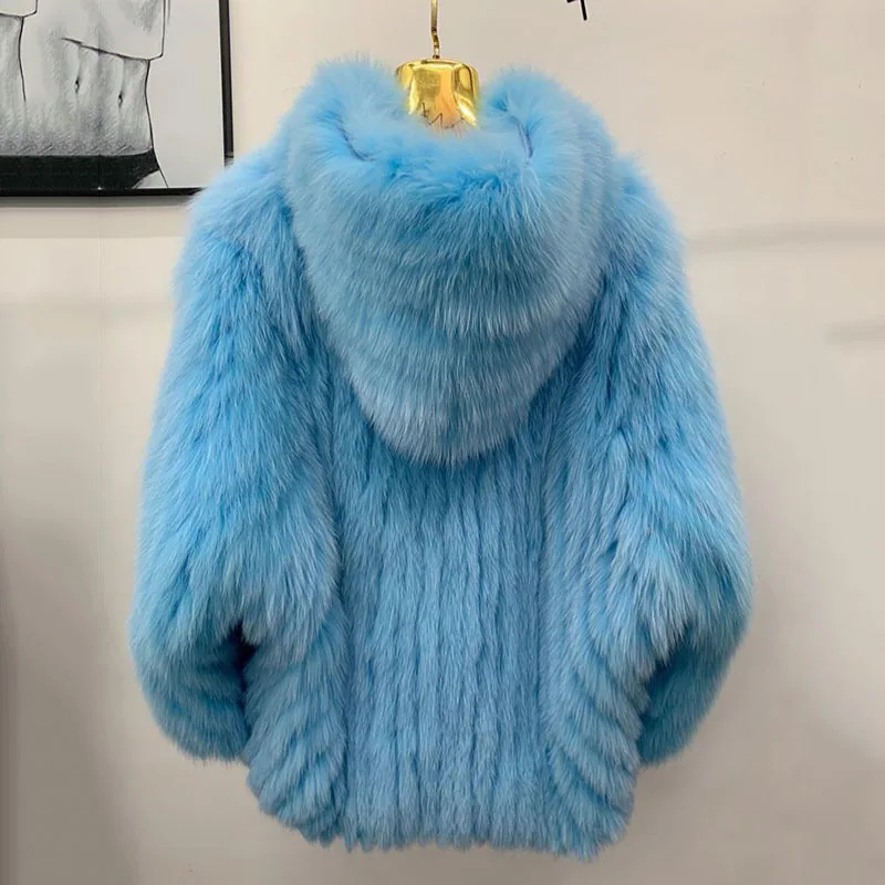 KUCLUT 2025 Winter New Fashion Faux Fox Fur Knitted Coat With Hood For Women High Quality Solid Color Jacket Female 1A1189