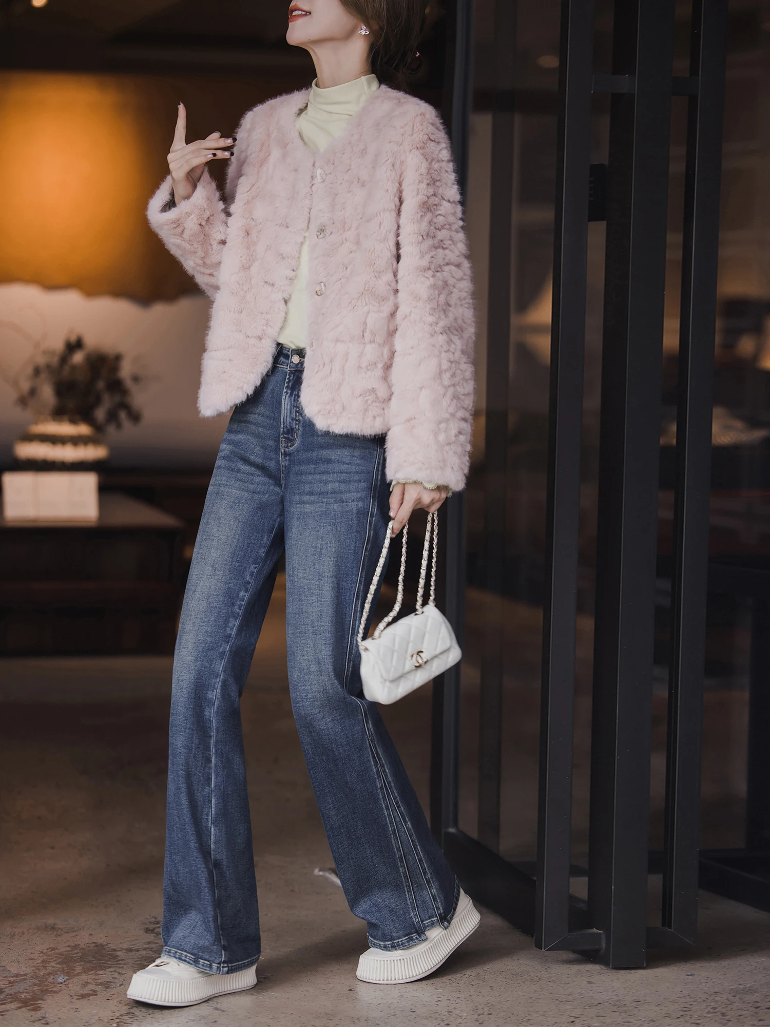 XIAOGULI Women Soft Pink Cropped Faux Fur Jacket Winter Coat Round Neck Korean Style Fluffy Plush Warm Casual Short Outerwear