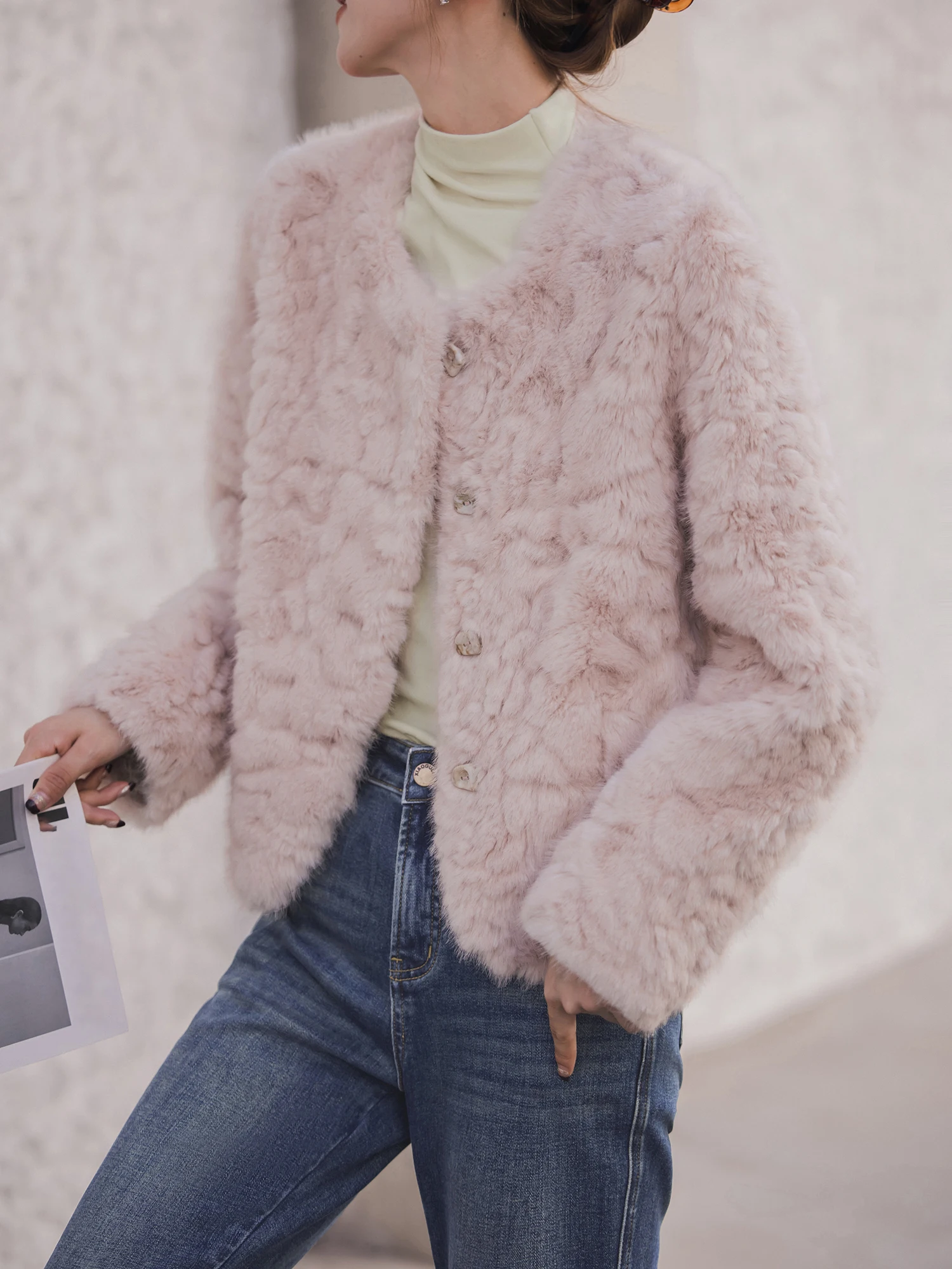 XIAOGULI Women Soft Pink Cropped Faux Fur Jacket Winter Coat Round Neck Korean Style Fluffy Plush Warm Casual Short Outerwear