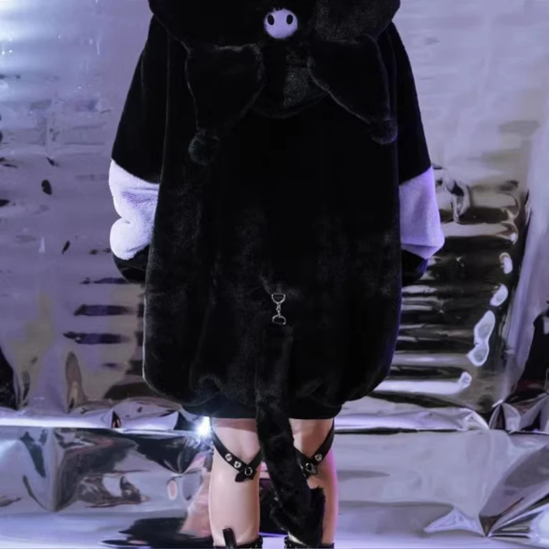 Mauroicardi Winter Thick Warm Soft Cute Purple and Black Color Block Faux Fur Coat Women Fluffy Jacket Hoodie with Bunny Ears