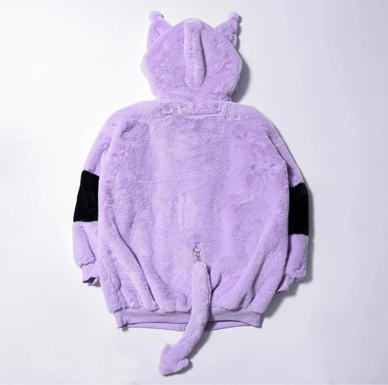 Mauroicardi Winter Thick Warm Soft Cute Purple and Black Color Block Faux Fur Coat Women Fluffy Jacket Hoodie with Bunny Ears