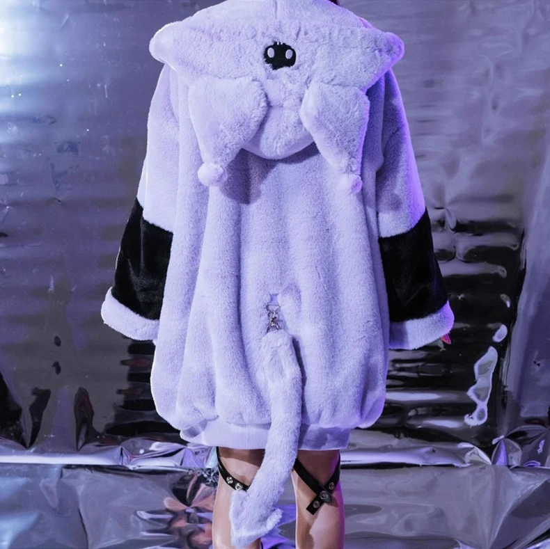 Mauroicardi Winter Thick Warm Soft Cute Purple and Black Color Block Faux Fur Coat Women Fluffy Jacket Hoodie with Bunny Ears