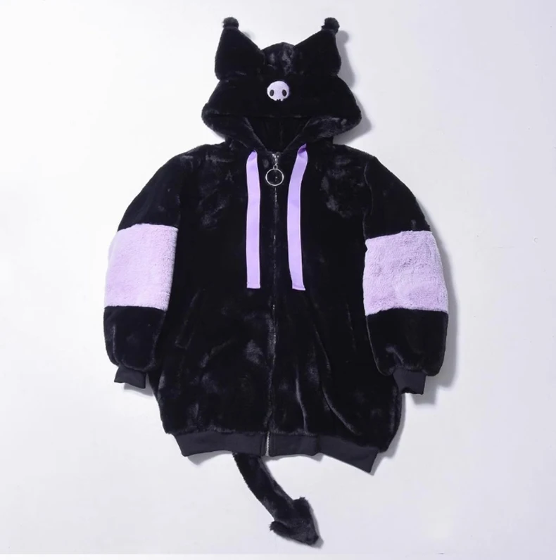 Mauroicardi Winter Thick Warm Soft Cute Purple and Black Color Block Faux Fur Coat Women Fluffy Jacket Hoodie with Bunny Ears