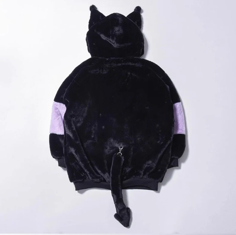 Mauroicardi Winter Thick Warm Soft Cute Purple and Black Color Block Faux Fur Coat Women Fluffy Jacket Hoodie with Bunny Ears