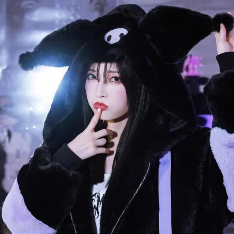Mauroicardi Winter Thick Warm Soft Cute Purple and Black Color Block Faux Fur Coat Women Fluffy Jacket Hoodie with Bunny Ears