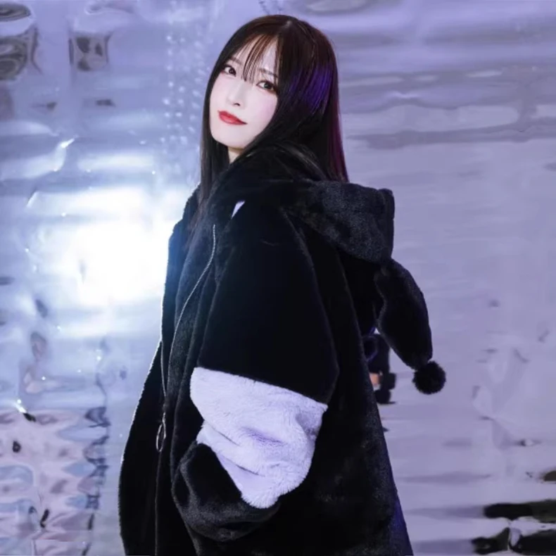 Mauroicardi Winter Thick Warm Soft Cute Purple and Black Color Block Faux Fur Coat Women Fluffy Jacket Hoodie with Bunny Ears