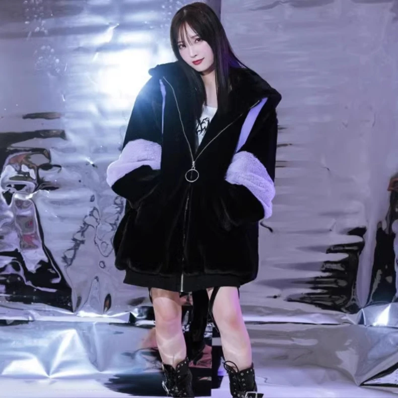 Mauroicardi Winter Thick Warm Soft Cute Purple and Black Color Block Faux Fur Coat Women Fluffy Jacket Hoodie with Bunny Ears