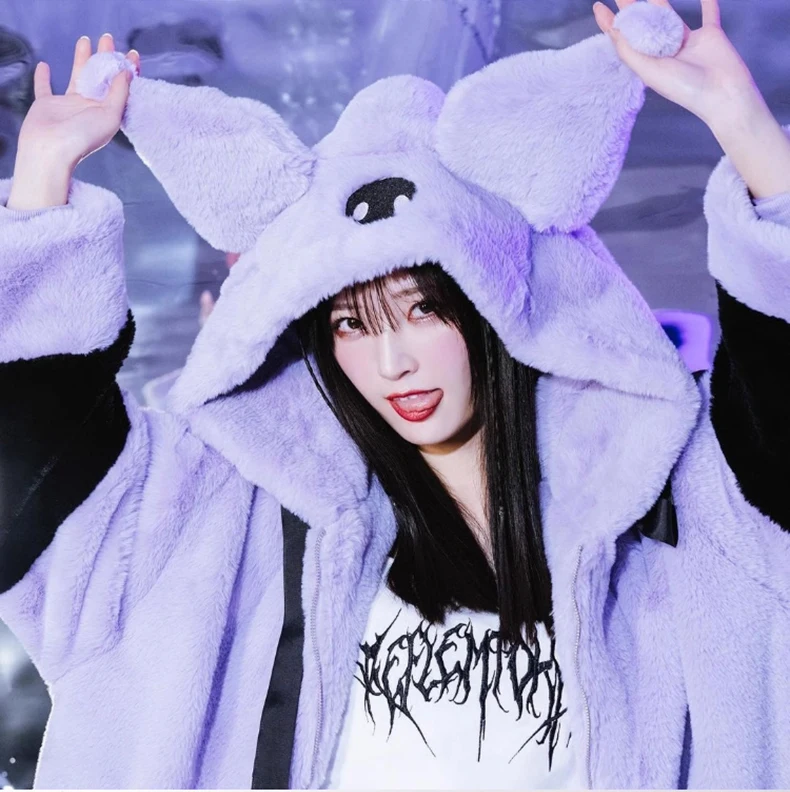 Mauroicardi Winter Thick Warm Soft Cute Purple and Black Color Block Faux Fur Coat Women Fluffy Jacket Hoodie with Bunny Ears