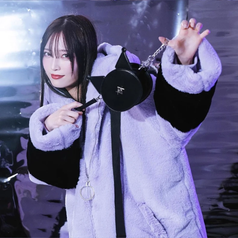 Mauroicardi Winter Thick Warm Soft Cute Purple and Black Color Block Faux Fur Coat Women Fluffy Jacket Hoodie with Bunny Ears