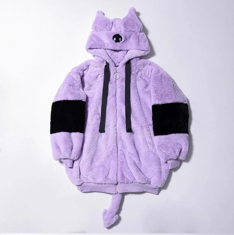 Mauroicardi Winter Thick Warm Soft Cute Purple and Black Color Block Faux Fur Coat Women Fluffy Jacket Hoodie with Bunny Ears