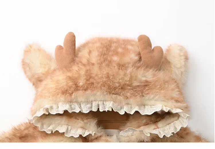 Lautaro Autumn Winter Thick Warm Sweet Cute Lace Patchwork Faux Fur Coat Hoodie Women with Deer Ears Horn Buttons Fluffy Jacket
