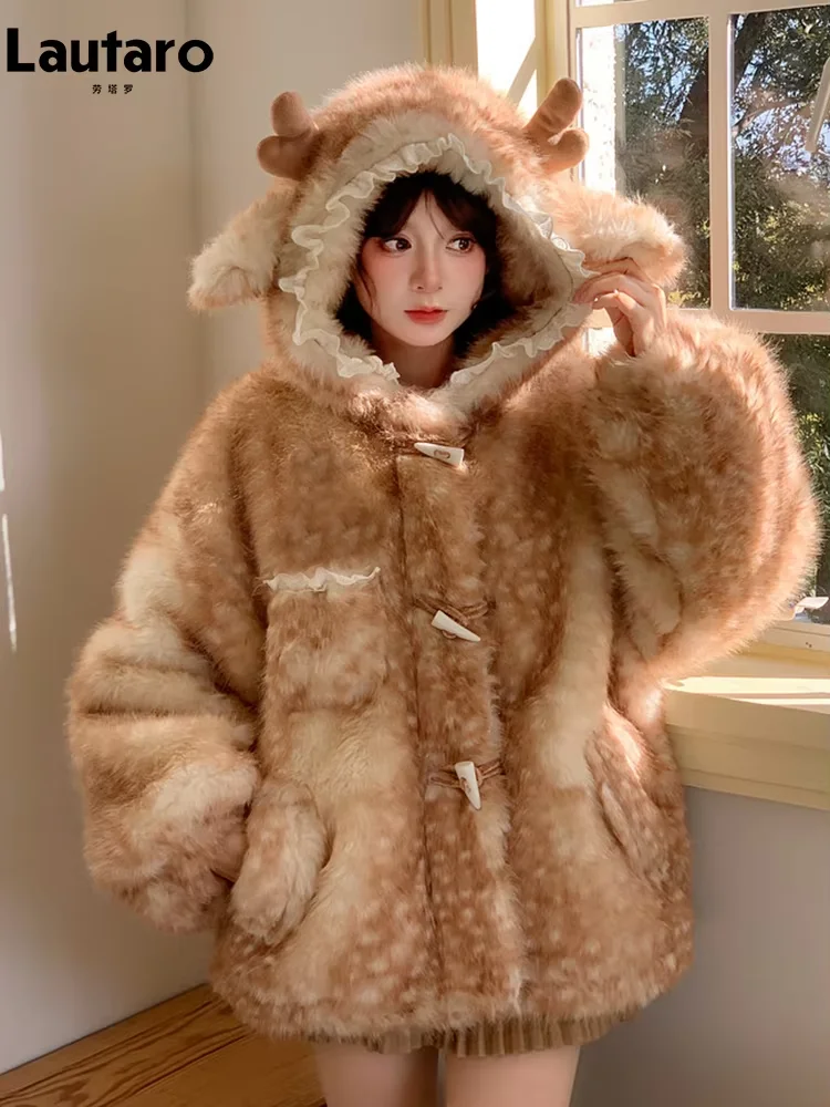 Lautaro Autumn Winter Thick Warm Sweet Cute Lace Patchwork Faux Fur Coat Hoodie Women with Deer Ears Horn Buttons Fluffy Jacket