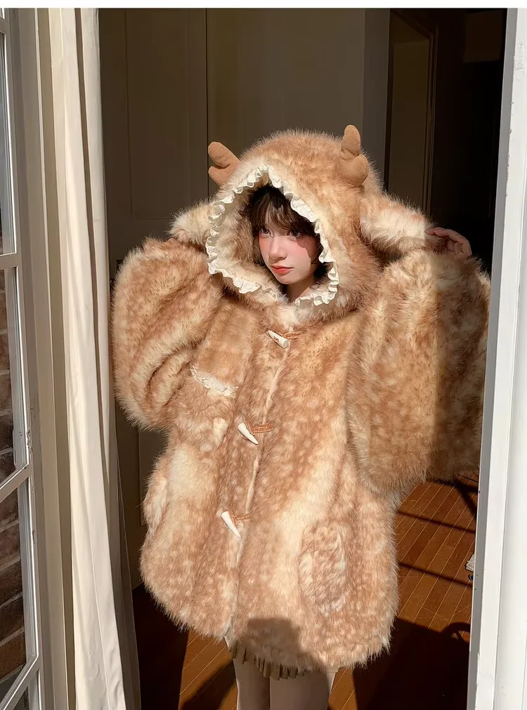 Lautaro Autumn Winter Thick Warm Sweet Cute Lace Patchwork Faux Fur Coat Hoodie Women with Deer Ears Horn Buttons Fluffy Jacket