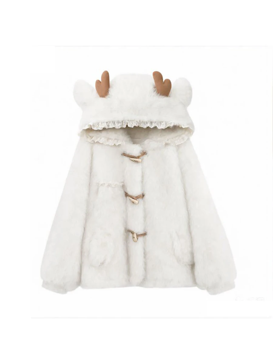 Lautaro Autumn Winter Thick Warm Sweet Cute Lace Patchwork Faux Fur Coat Hoodie Women with Deer Ears Horn Buttons Fluffy Jacket