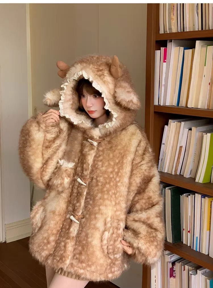 Lautaro Autumn Winter Thick Warm Sweet Cute Lace Patchwork Faux Fur Coat Hoodie Women with Deer Ears Horn Buttons Fluffy Jacket