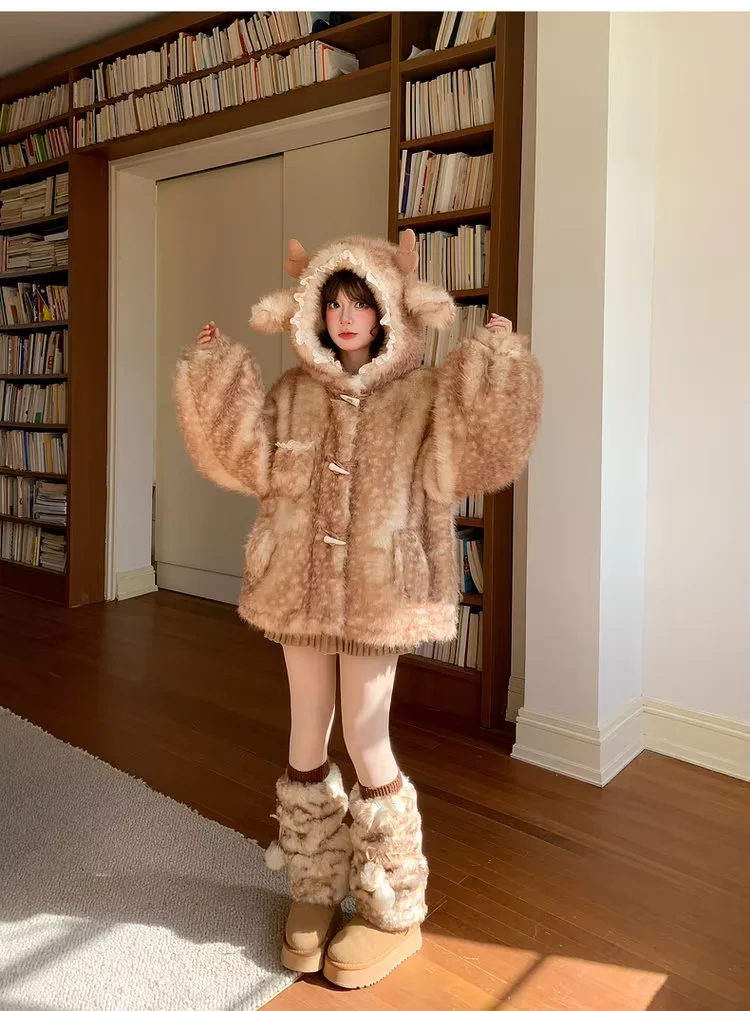 Lautaro Autumn Winter Thick Warm Sweet Cute Lace Patchwork Faux Fur Coat Hoodie Women with Deer Ears Horn Buttons Fluffy Jacket