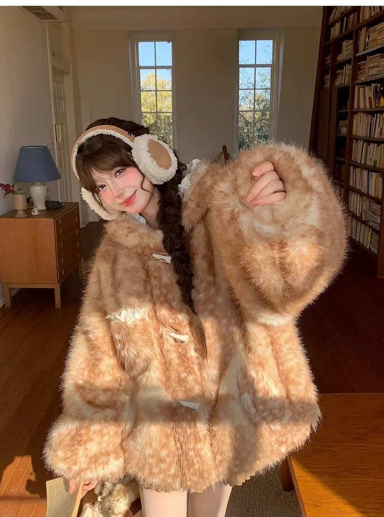 Lautaro Autumn Winter Thick Warm Sweet Cute Lace Patchwork Faux Fur Coat Hoodie Women with Deer Ears Horn Buttons Fluffy Jacket