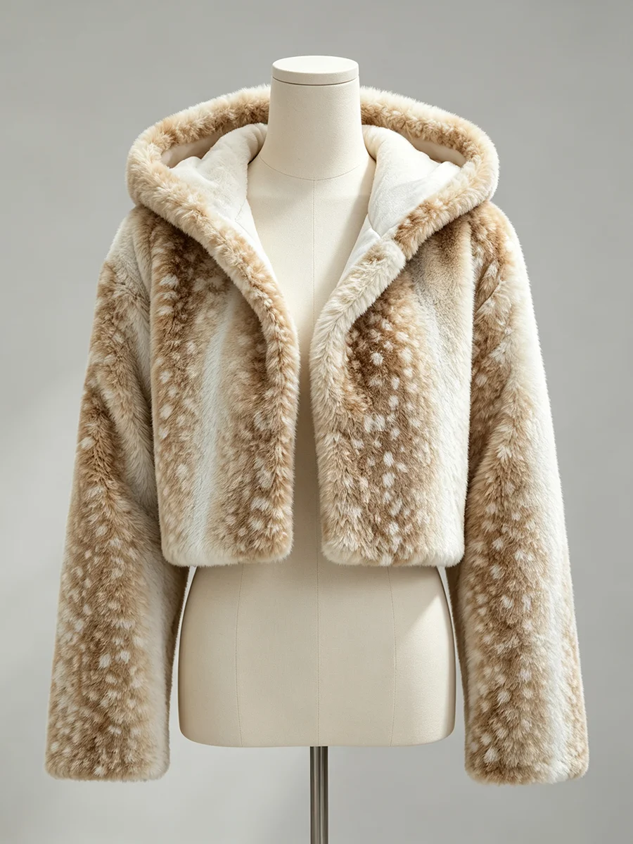 LIMO Women Deer Print Hooded Faux Fur Fluffy Plush Coat Winter Warm Casual Furry Outerwear