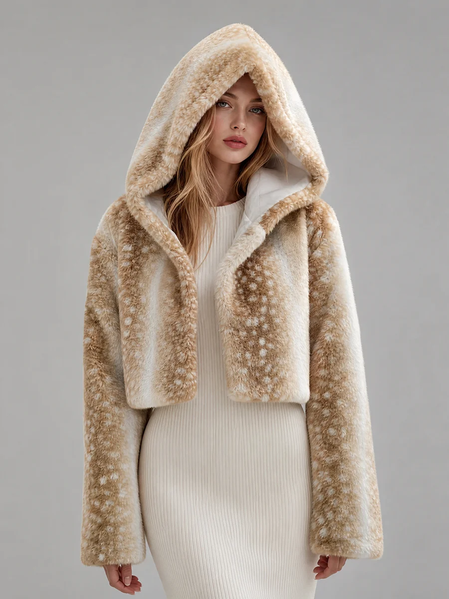 LIMO Women Deer Print Hooded Faux Fur Fluffy Plush Coat Winter Warm Casual Furry Outerwear
