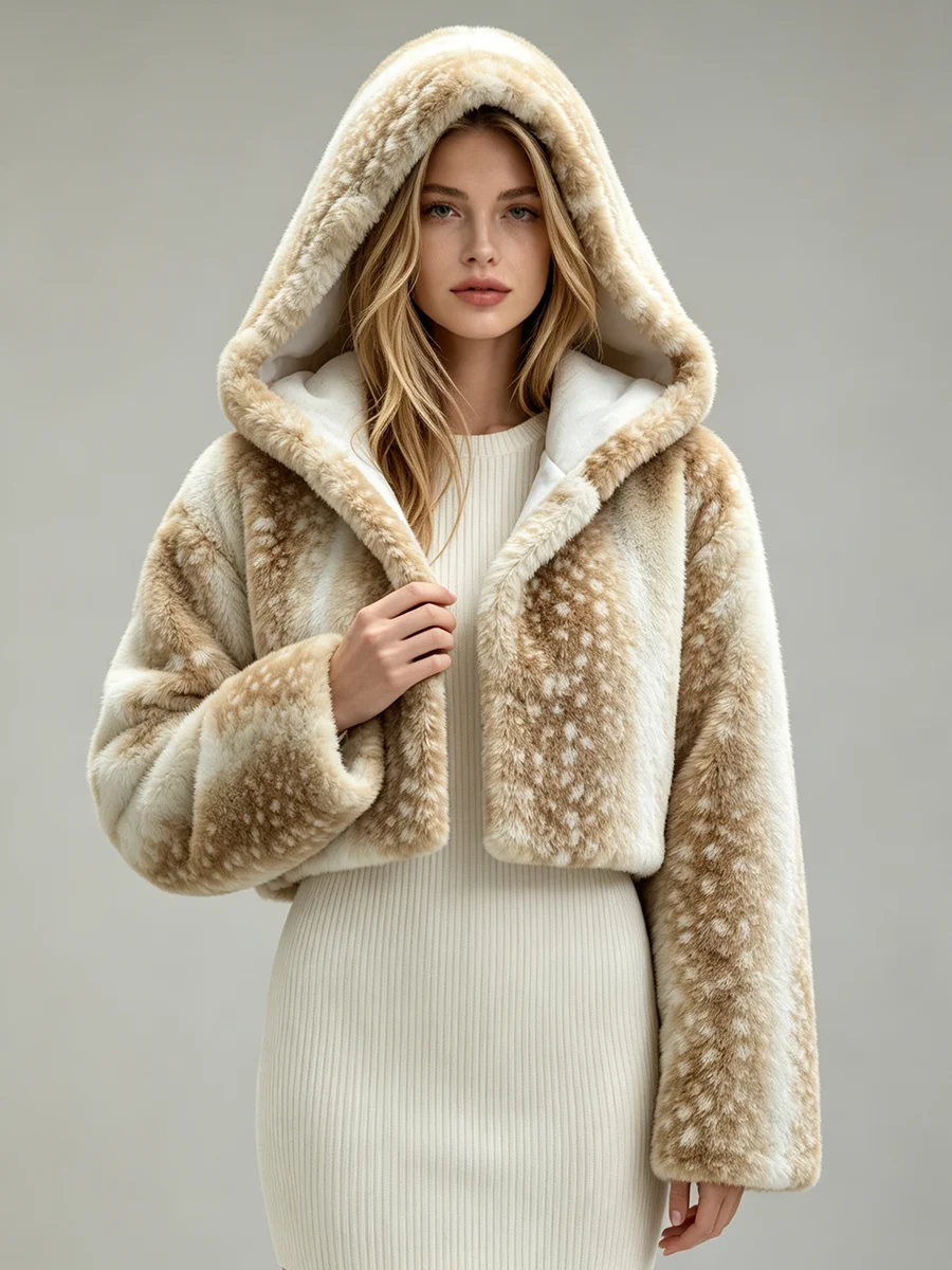 LIMO Women Deer Print Hooded Faux Fur Fluffy Plush Coat Winter Warm Casual Furry Outerwear