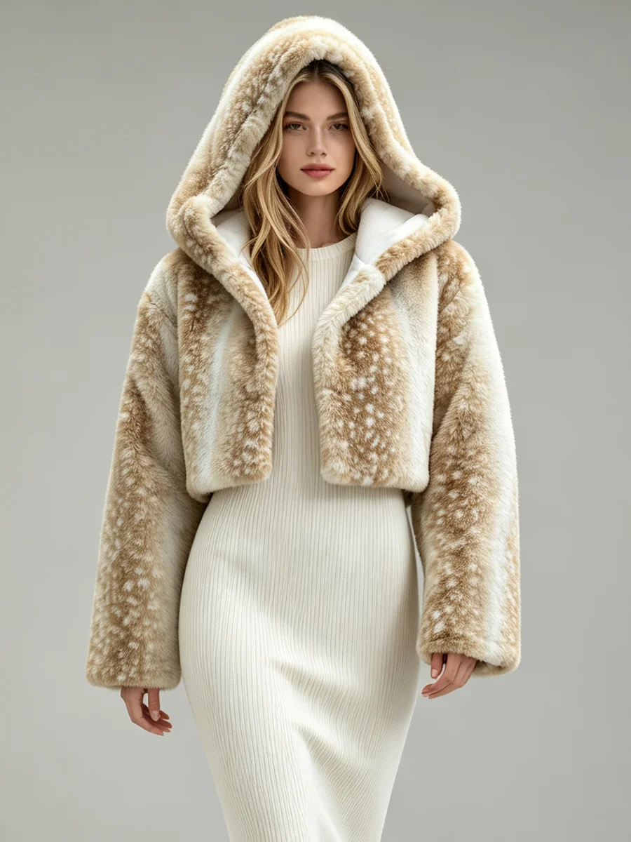 LIMO Women Deer Print Hooded Faux Fur Fluffy Plush Coat Winter Warm Casual Furry Outerwear
