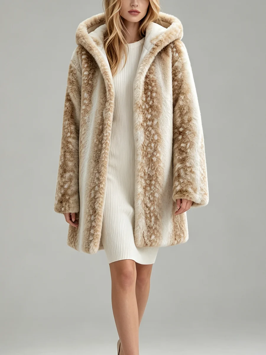 LIMO Women Deer Print Hooded Faux Fur Fluffy Plush Coat Winter Warm Casual Furry Outerwear