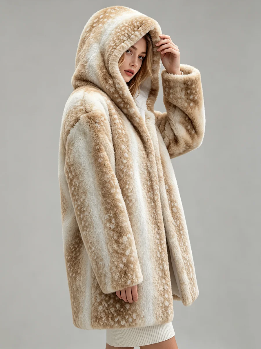 LIMO Women Deer Print Hooded Faux Fur Fluffy Plush Coat Winter Warm Casual Furry Outerwear