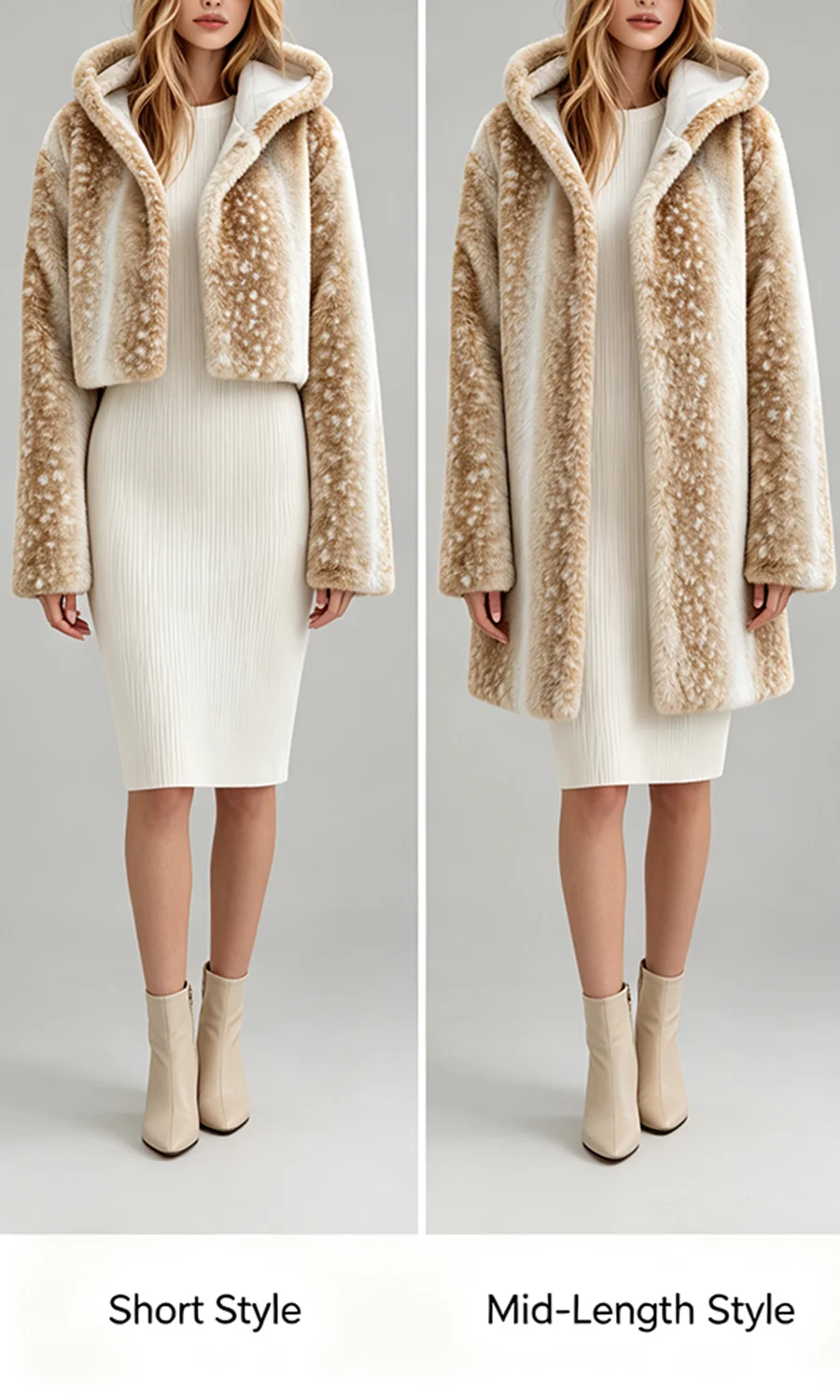 LIMO Women Deer Print Hooded Faux Fur Fluffy Plush Coat Winter Warm Casual Furry Outerwear