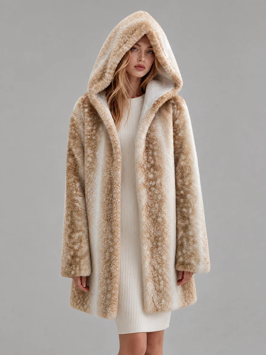 LIMO Women Deer Print Hooded Faux Fur Fluffy Plush Coat Winter Warm Casual Furry Outerwear