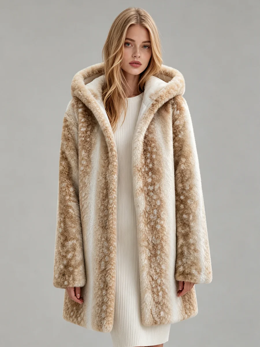 LIMO Women Deer Print Hooded Faux Fur Fluffy Plush Coat Winter Warm Casual Furry Outerwear