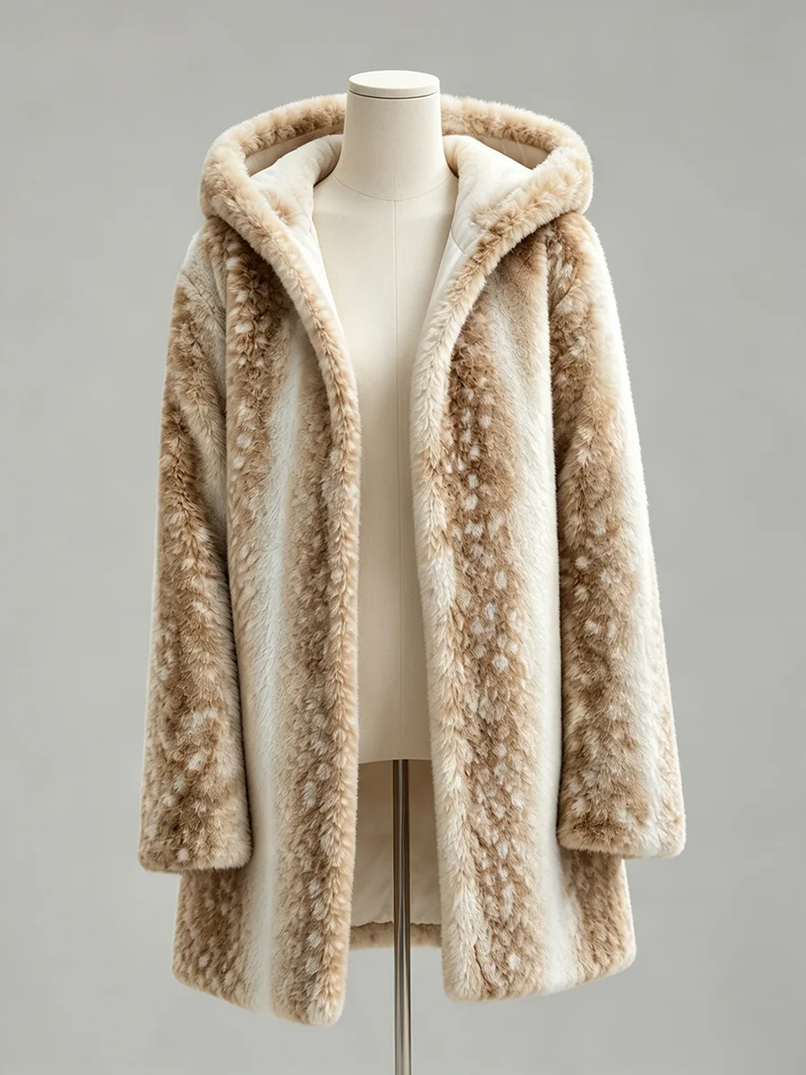 LIMO Women Deer Print Hooded Faux Fur Fluffy Plush Coat Winter Warm Casual Furry Outerwear