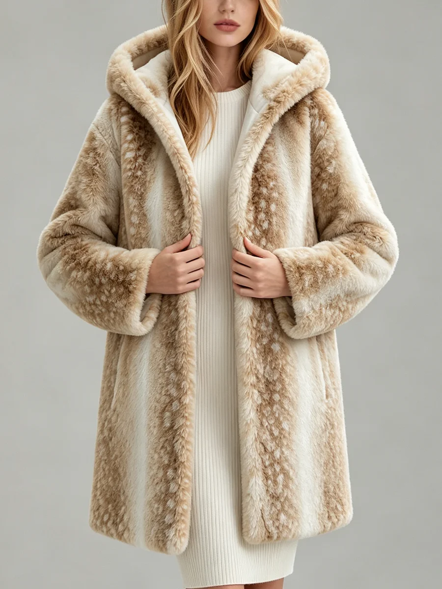 LIMO Women Deer Print Hooded Faux Fur Fluffy Plush Coat Winter Warm Casual Furry Outerwear