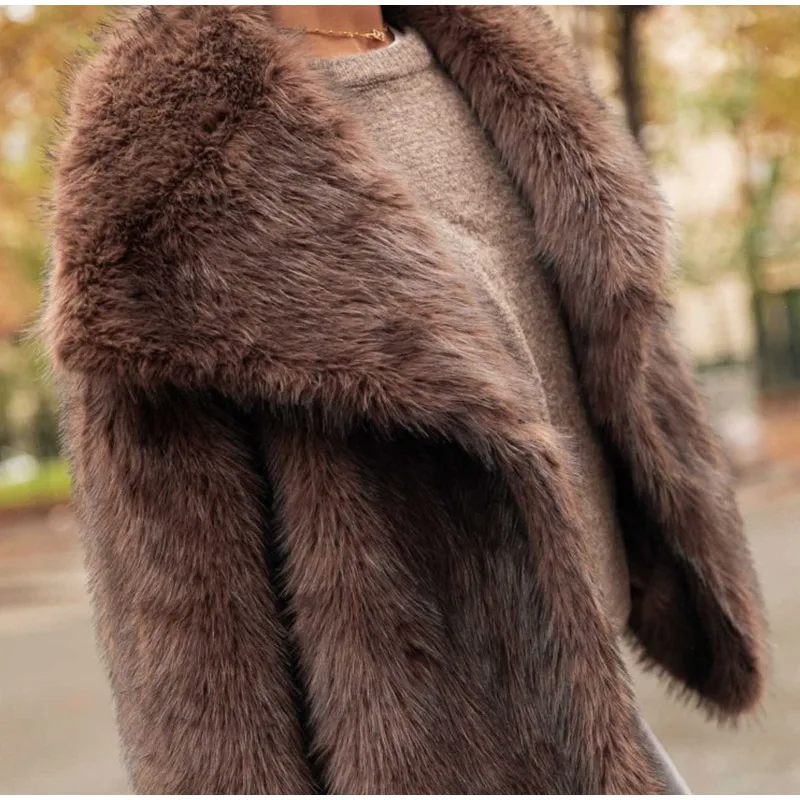 Women's Dark Brown Faux Fur Long Overcoat Single Breasted Fleece Long Trench Coat Winter Fluffy Plush Warm New Thicken Outerwear