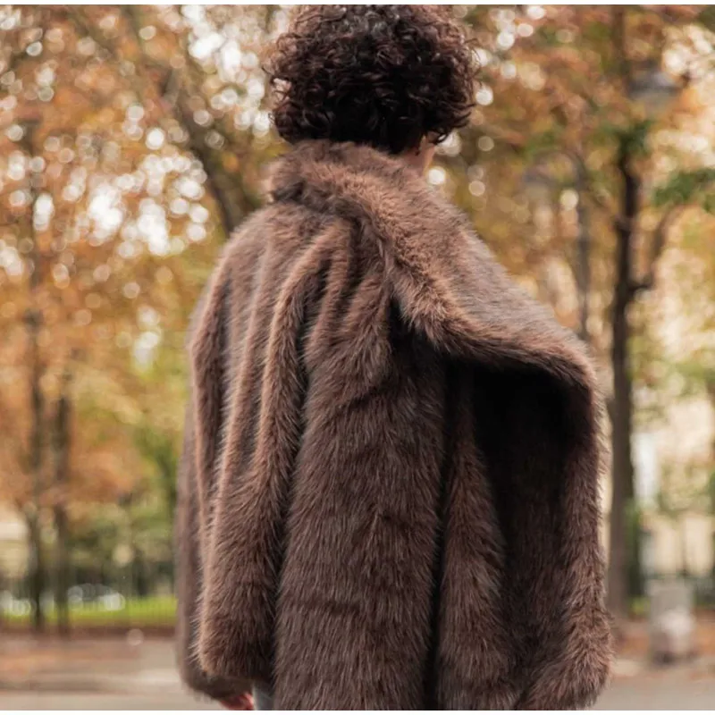 Women's Dark Brown Faux Fur Long Overcoat Single Breasted Fleece Long Trench Coat Winter Fluffy Plush Warm New Thicken Outerwear