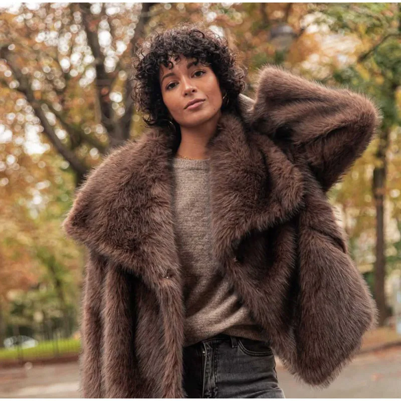 Women's Dark Brown Faux Fur Long Overcoat Single Breasted Fleece Long Trench Coat Winter Fluffy Plush Warm New Thicken Outerwear