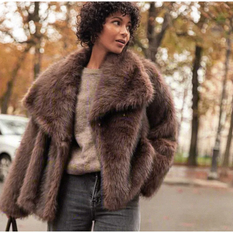 Women's Dark Brown Faux Fur Long Overcoat Single Breasted Fleece Long Trench Coat Winter Fluffy Plush Warm New Thicken Outerwear