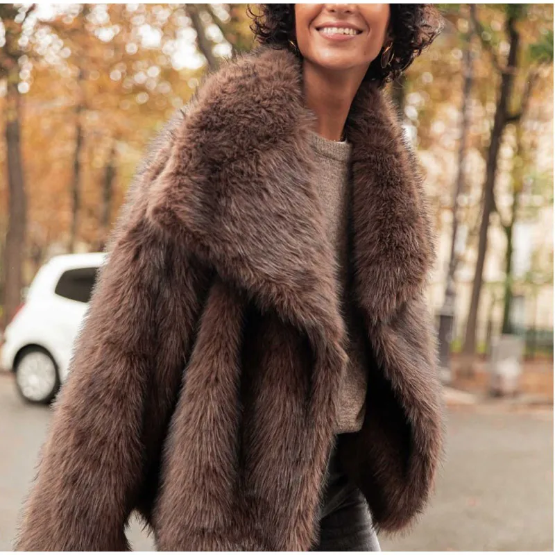 Women's Dark Brown Faux Fur Long Overcoat Single Breasted Fleece Long Trench Coat Winter Fluffy Plush Warm New Thicken Outerwear