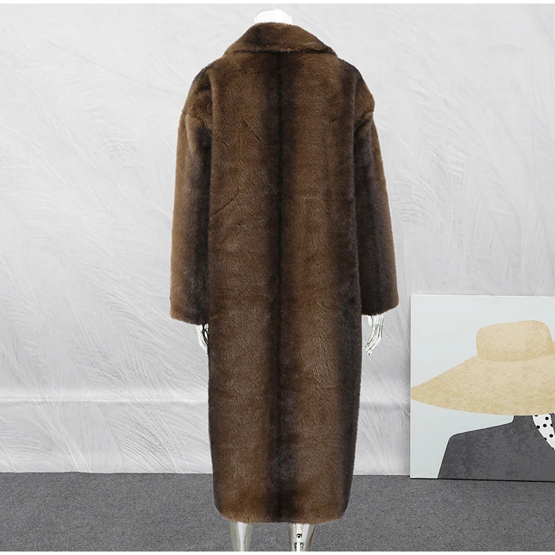 Women's Dark Brown Faux Fur Long Overcoat Single Breasted Fleece Long Trench Coat Winter Fluffy Plush Warm New Thicken Outerwear