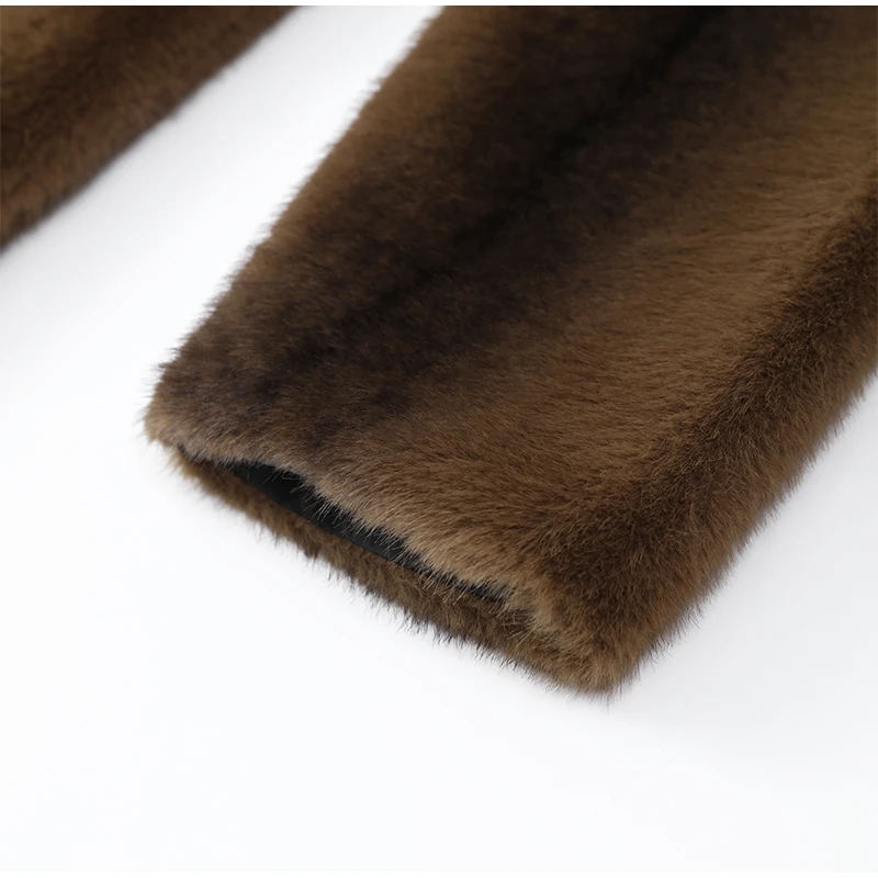 Women's Dark Brown Faux Fur Long Overcoat Single Breasted Fleece Long Trench Coat Winter Fluffy Plush Warm New Thicken Outerwear
