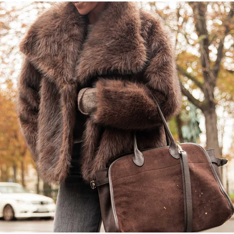 Women's Dark Brown Faux Fur Long Overcoat Single Breasted Fleece Long Trench Coat Winter Fluffy Plush Warm New Thicken Outerwear