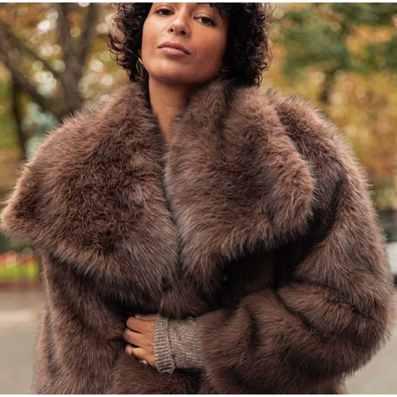 Women's Dark Brown Faux Fur Long Overcoat Single Breasted Fleece Long Trench Coat Winter Fluffy Plush Warm New Thicken Outerwear